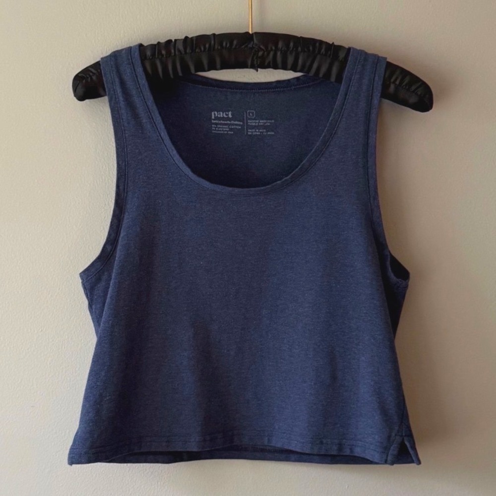 Pact Crop Tank Top Large Navy Blue Organic Cotton Heather Sleeveless Womens